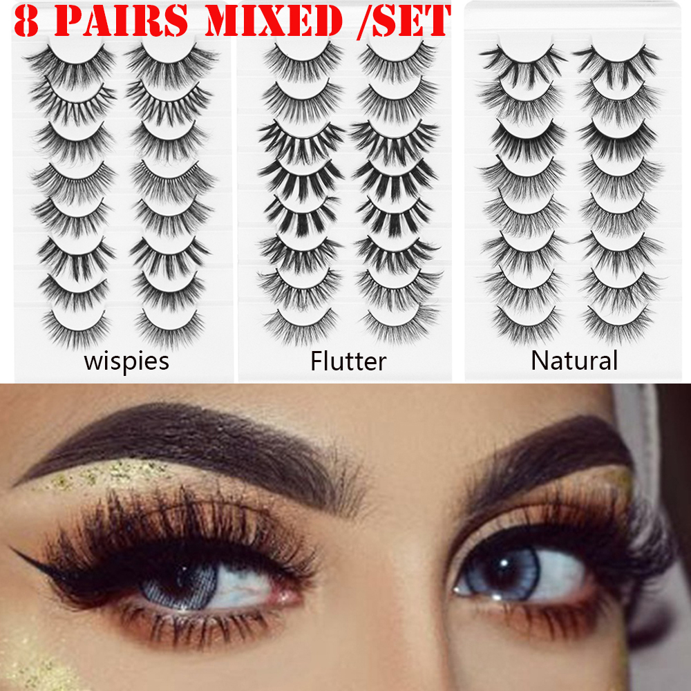 ALEXIS BAGS SKONHED 8 Pairs Mixed Styles Handmade Eye Makeup Tools Criss-cross Wispies Fluffies Eye Lash Extension Full Volume Lashes False Eyelashes 3D Mink