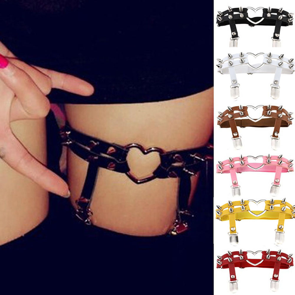 CHE99 Rock Heart Suspenders สำหรับสุภาพสตรีคอสเพลย์ปรับขนาดแหวนขา Suspender ขาสายรัดต้นขาสายรัด Rivets แหวนขา