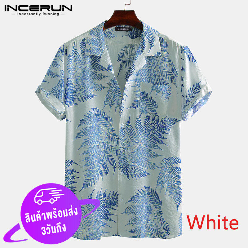 (Western Style) INCERUN ผู้ชายแขนสั้นผ้าฝ้ายเสื้อลายพิมพ์เสื้อลำลองHawaiian Beachเสื้อยืดสตรี