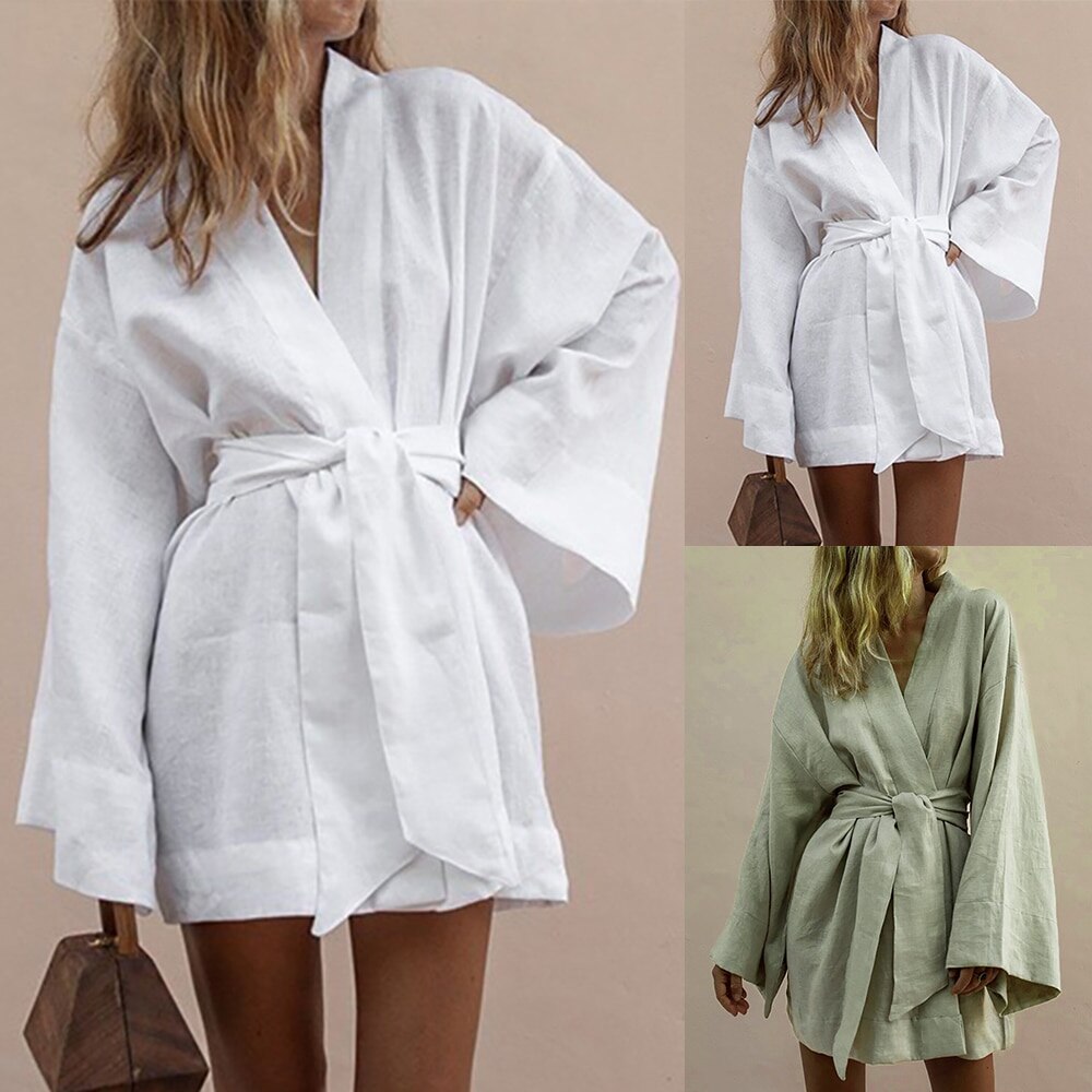 Áo khoác cardigan kimono cổ chữ v có dây buộc cho nữ váy mini váy dài tay vải lanh cotton áo choàng dáng rộng phong cách mùa hè