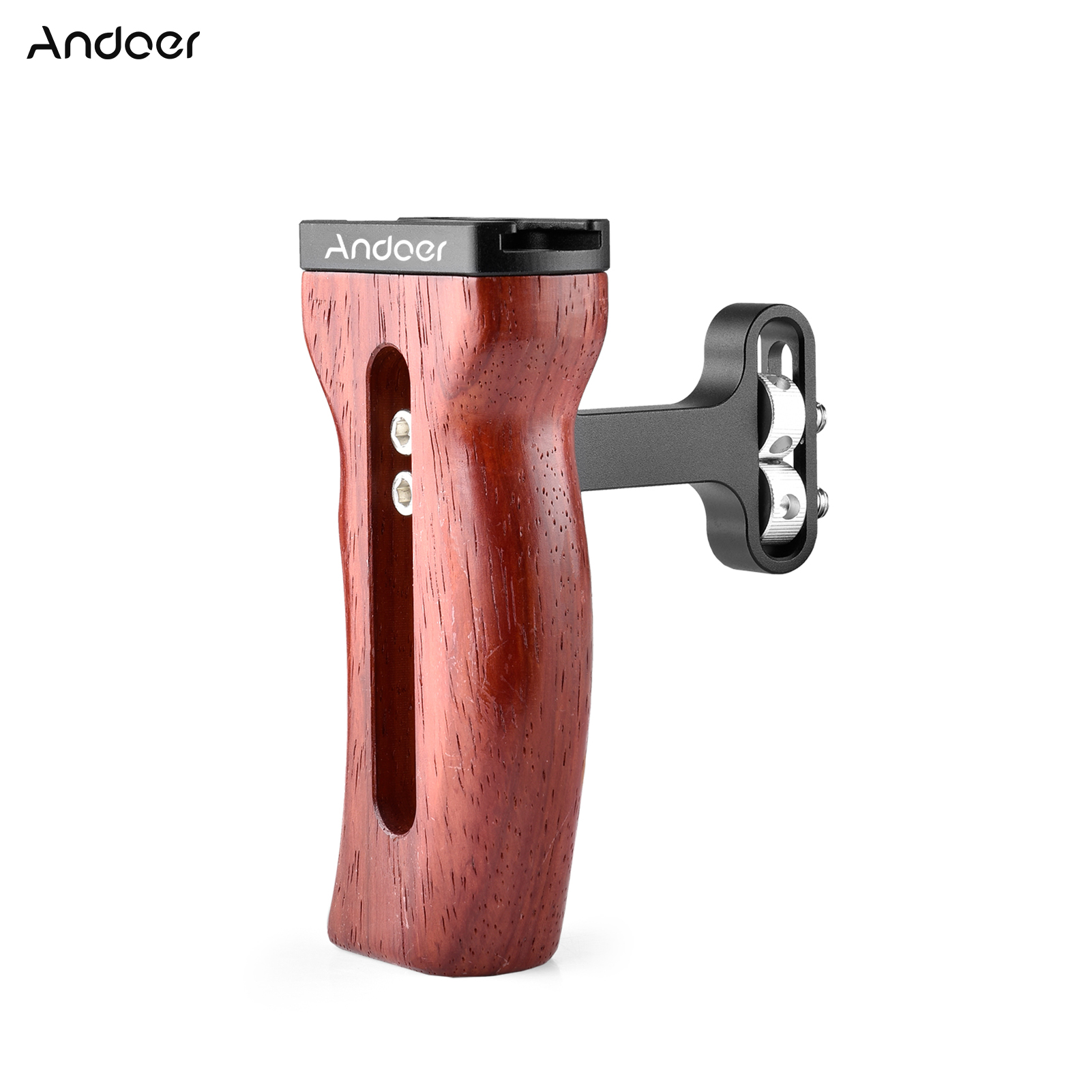 Andoer Universal Camera Cage Wooden Handle Left/Right Side Hand Grip with Cold Shoe Mount 1/4 Inch & 3/8 Inch Screw Holes Video Photography Accessories