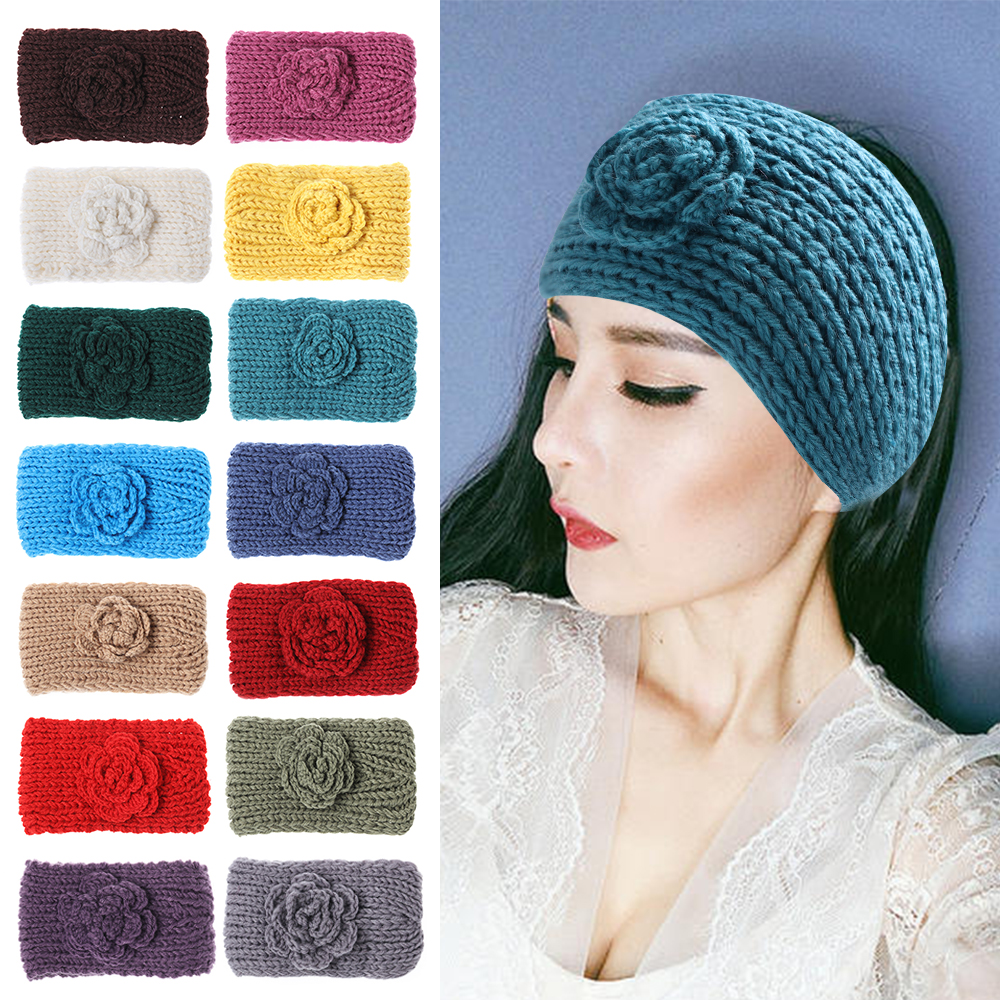 F8C503Y Winter Flowers Warm Camellia Hair Accessories Head Wrap Knit Hair Band Ear Warmer Headbands Wide Hairband