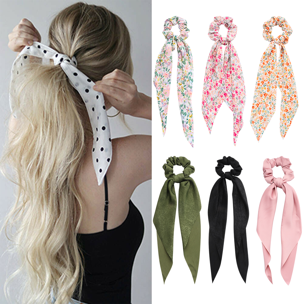 F8C503Y Ins Bow Ribbon Scrunchie Hair Accessories Boho Elastic Hair Bands Long Ribbon Hair Tie Ponytail scarf Floral Print Scrunchies