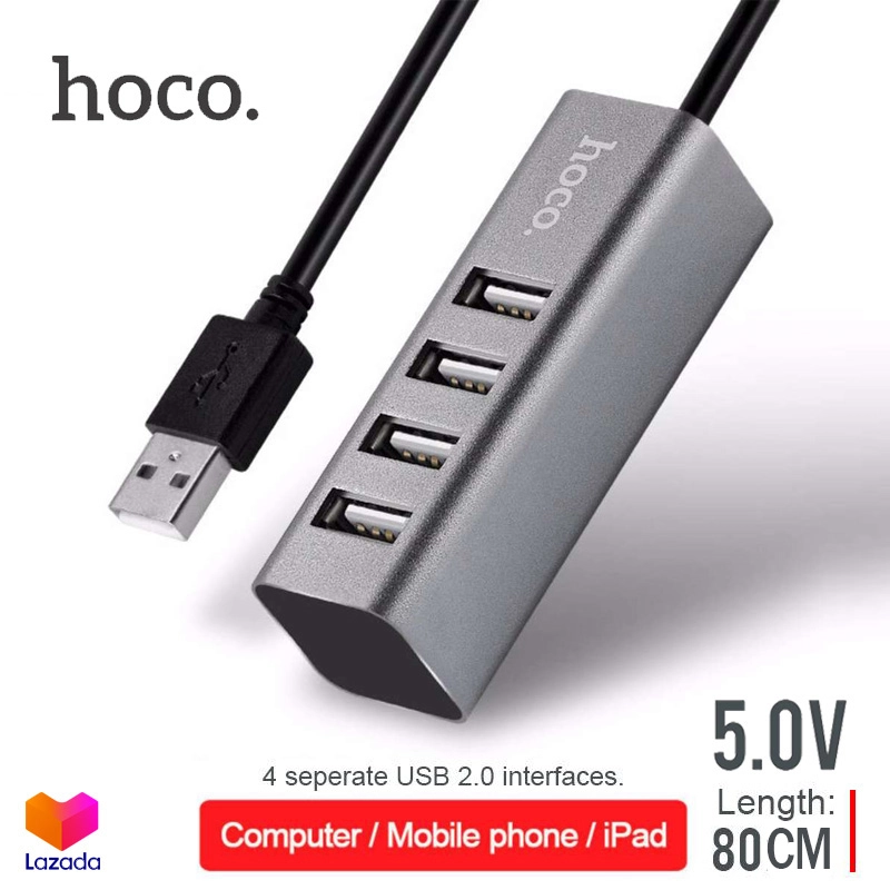 ราคาและรีวิวHOCO HB1 4 Port USB HUB 5.0V เพิ่มช่องเสียบ USB สายยาว 80 เซ็นติเมตร USB 2.0 สำหรับ PC และ Notebook