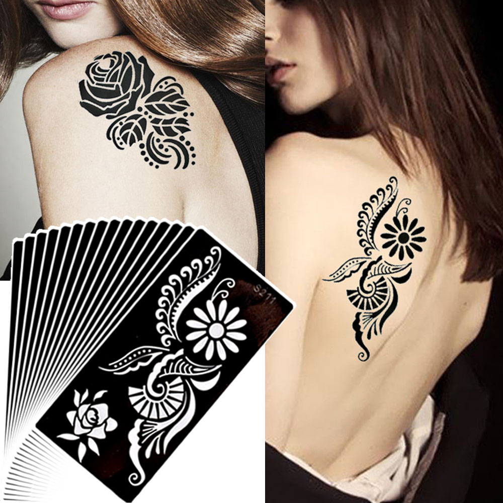 KGYJFK เรขาคณิต Body Art เฮนน่าลอกลายดอกไม้สีดำแผ่นแบบลายสักแสตมป์แผ่นรอยสักชั่วคราว Tattoo พิมพ์ลายฉลุ