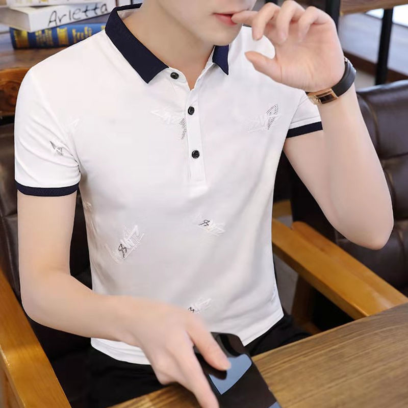 ชายแขนสั้นTเสื้อยืดปกPOLOเสื้อแฟชั่นเกาหลีสลิมชายหนุ่ม