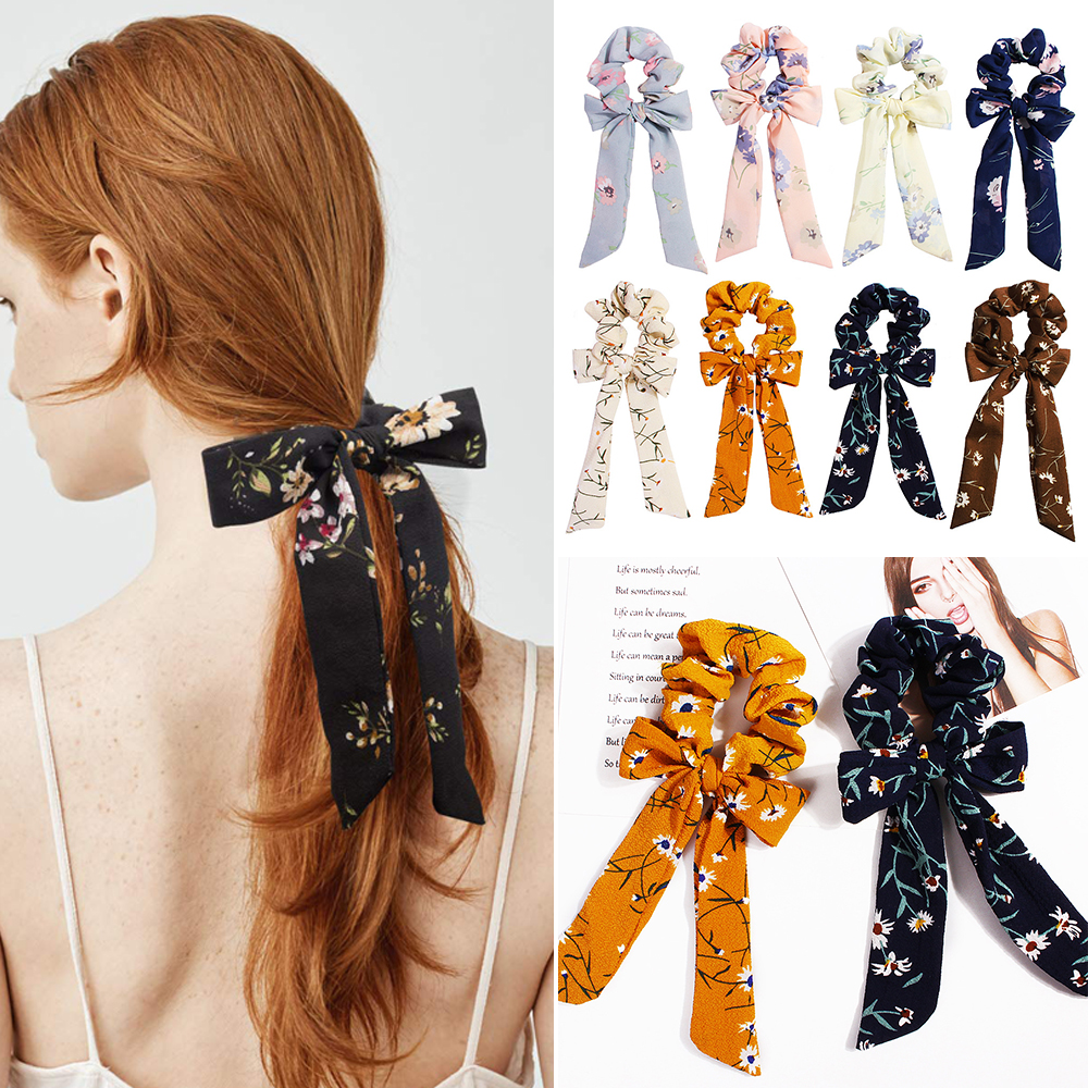 GVGSX9N Women Girls Girls Hair Rope Ponytial Holder Hair Scarf Elastic Hairbands Scrunchie Floral Print Bow Streamers Hair Ring