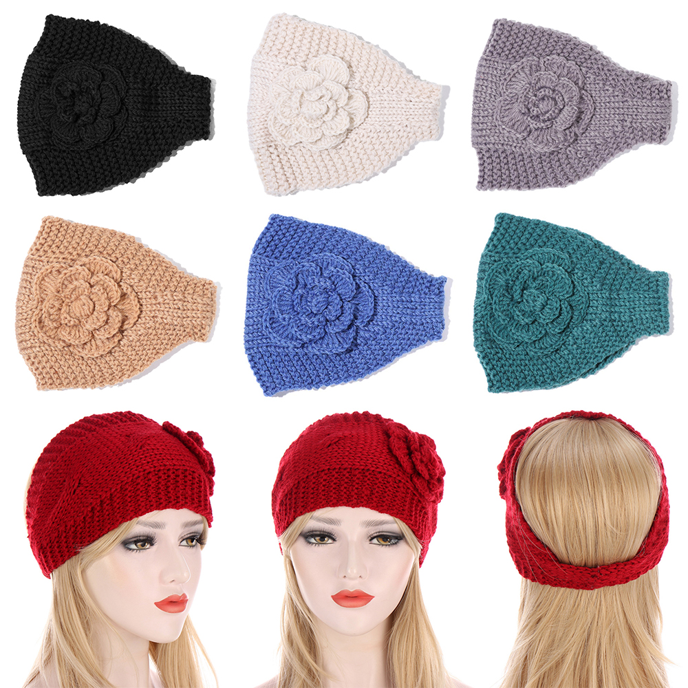 N33GVC3Q Fashion Flower Wide Knitted Ear Warmer Stretch Turban Winter Headbands Headwear